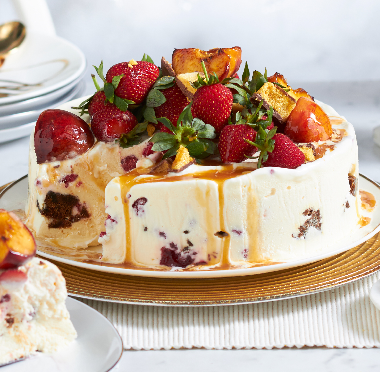 Christmas ice cream cake with berries and caramelised peaches recipe